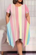 Blue Pink Casual Colorblock Patchwork O Neck Irregular Plus Size Dresses