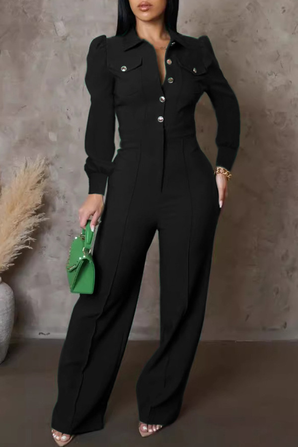 Black Casual Solid Color Buttons Patchwork Turndown Collar Regular Jumpsuits
