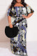 Blue Gray Sexy Plaid Floral Print Letters Ruffle Contrast Off Shoulder Printed Plus Size Dresses