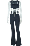 Black Casual Solid Color Hollow Out Patchwork Cross Straps Zipper Zipper Collar Two Pieces