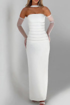 White Elegant Solid Color Patchwork Backless Slit Strapless Three Pieces