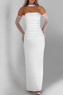 White Elegant Solid Color Patchwork Backless Slit Strapless Three Pieces