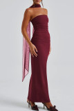 Burgundy Elegant Solid Color Patchwork Backless Slit Strapless Three Pieces