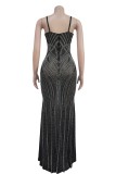 Apricot Sexy Elegant Patchwork Hot Drilling Backless Spaghetti Strap Long Dresses