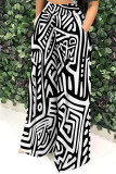 Blue Brown Casual Print Pocket Patchwork Loose High Waist Wide Leg Full Print Bottoms