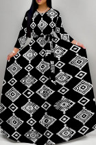 Black And White Casual Print Patchwork Strap Design O Neck Long Dresses