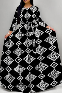 Black And White Casual Print Patchwork Strap Design O Neck Long Dresses
