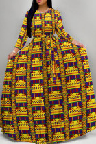 Yellow Casual Print Patchwork Strap Design O Neck Long Dresses