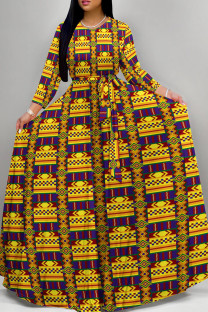 Yellow Casual Print Patchwork Strap Design O Neck Long Dresses