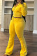 Yellow Casual Solid Color Draw String Pocket Patchwork Zipper Zipper Collar Long Sleeve Two Pieces