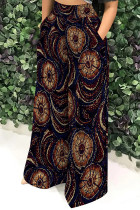 Blue Brown Casual Print Pocket Patchwork Loose High Waist Wide Leg Full Print Bottoms
