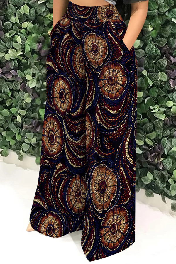 Blue Brown Casual Print Pocket Patchwork Loose High Waist Wide Leg Full Print Bottoms