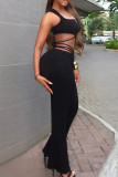 Black Casual Solid Color Hollow Out Patchwork Cross Straps Zipper Zipper Collar Two Pieces