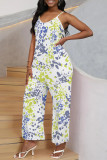 Multi-color Casual Street Geometric Print Pocket Belted Contrast V Neck Loose Jumpsuits