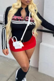 White Casual Letters Patchwork Zipper Zipper Collar Tops