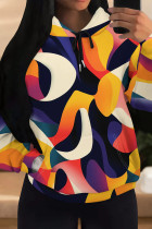 Multicolor Casual Print Draw String Pocket Patchwork Hooded Tops