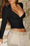 Apricot Casual Solid Color Patchwork Deep V Neck Tops