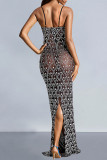 Black Sexy Hot Drilling See-Through Backless Slit Spaghetti Strap Long Dresses