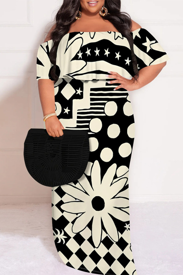 Black Apricot Sexy Plaid Floral Print Letters Ruffle Contrast Off Shoulder Printed Plus Size Dresses