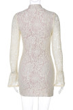 Light Yellow Sexy Solid Color Lace Hollow Out Patchwork O Neck Wrapped Skirt Dresses