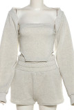 White Sexy Solid Color Pocket Patchwork Strapless Long Sleeve Three Pieces
