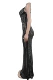 Apricot Sexy Elegant Patchwork Hot Drilling Backless Spaghetti Strap Long Dresses