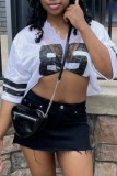 White Black Casual Digital Print Lace Patchwork V Neck T-Shirts