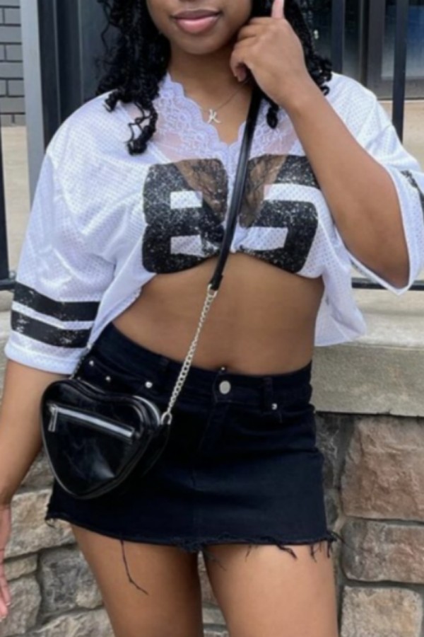 White Black Casual Digital Print Lace Patchwork V Neck T-Shirts