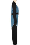 Blue Casual Draw String Patchwork Zipper Contrast Zipper Collar Long Sleeve Two Pieces
