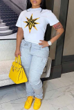 White Casual The stars Letter Print O Neck T-Shirts