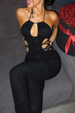 Black Casual Solid Color Hollow Out Patchwork Backless Halter Regular Jumpsuits