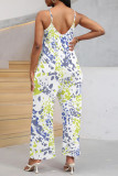 Multi-color Casual Street Geometric Print Pocket Belted Contrast V Neck Loose Jumpsuits