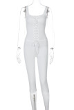 White Sexy Solid Color Patchwork Backless Cross Straps Square Neck Two Pieces