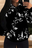 Black Casual Street Fruit Print Draw String Pocket Contrast Hooded Tops