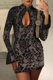 Light Yellow Sexy Solid Color Lace Hollow Out Patchwork O Neck Wrapped Skirt Dresses