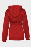Red Casual Solid Color Pocket Hooded Long Sleeve Two Pieces