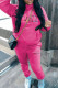 Rose Red Casual Print Draw String Pocket Patchwork Hooded Long Sleeve Two Pieces