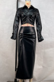 Camel Casual Solid Color Buckle Patchwork Ruched Turndown Collar Long Sleeve Two Pieces