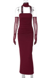 Burgundy Elegant Solid Color Patchwork Backless Slit Strapless Three Pieces