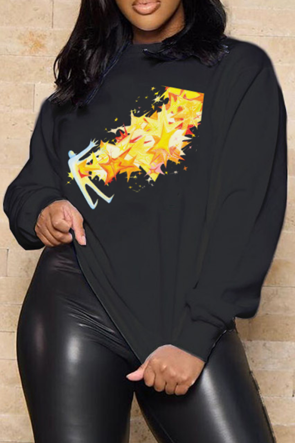 Black Casual Street Graffiti Print O Neck Tops
