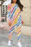 Blue Yellow Casual Print Patchwork O Neck Long Sleeve Two Pieces