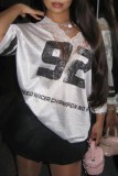 White Casual Digital Print Lace Patchwork V Neck T-Shirts