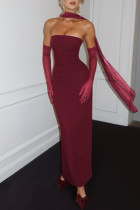 Burgundy Elegant Solid Color Patchwork Backless Slit Strapless Three Pieces