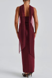 Burgundy Elegant Solid Color Patchwork Backless Slit Strapless Three Pieces