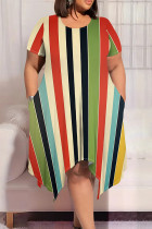 Black Green Casual Colorblock Patchwork O Neck Irregular Plus Size Dresses