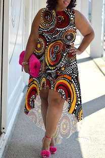 Gray Orange Casual Print Patchwork O Neck Irregular Plus Size Dresses