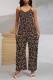 Coffee Casual Street Geometric Print Pocket Belted Contrast V Neck Loose Jumpsuits