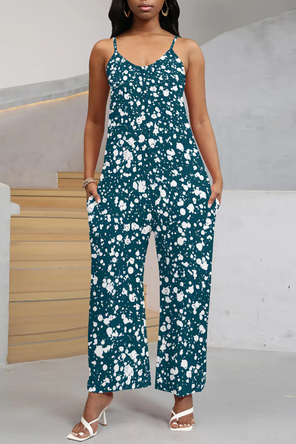 Peacock Blue Casual Street Geometric Print Pocket Belted Contrast V Neck Loose Jumpsuits