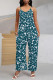 Peacock Blue Casual Street Geometric Print Pocket Belted Contrast V Neck Loose Jumpsuits