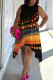 Orange Black Casual Print Patchwork O Neck Irregular Plus Size Dresses